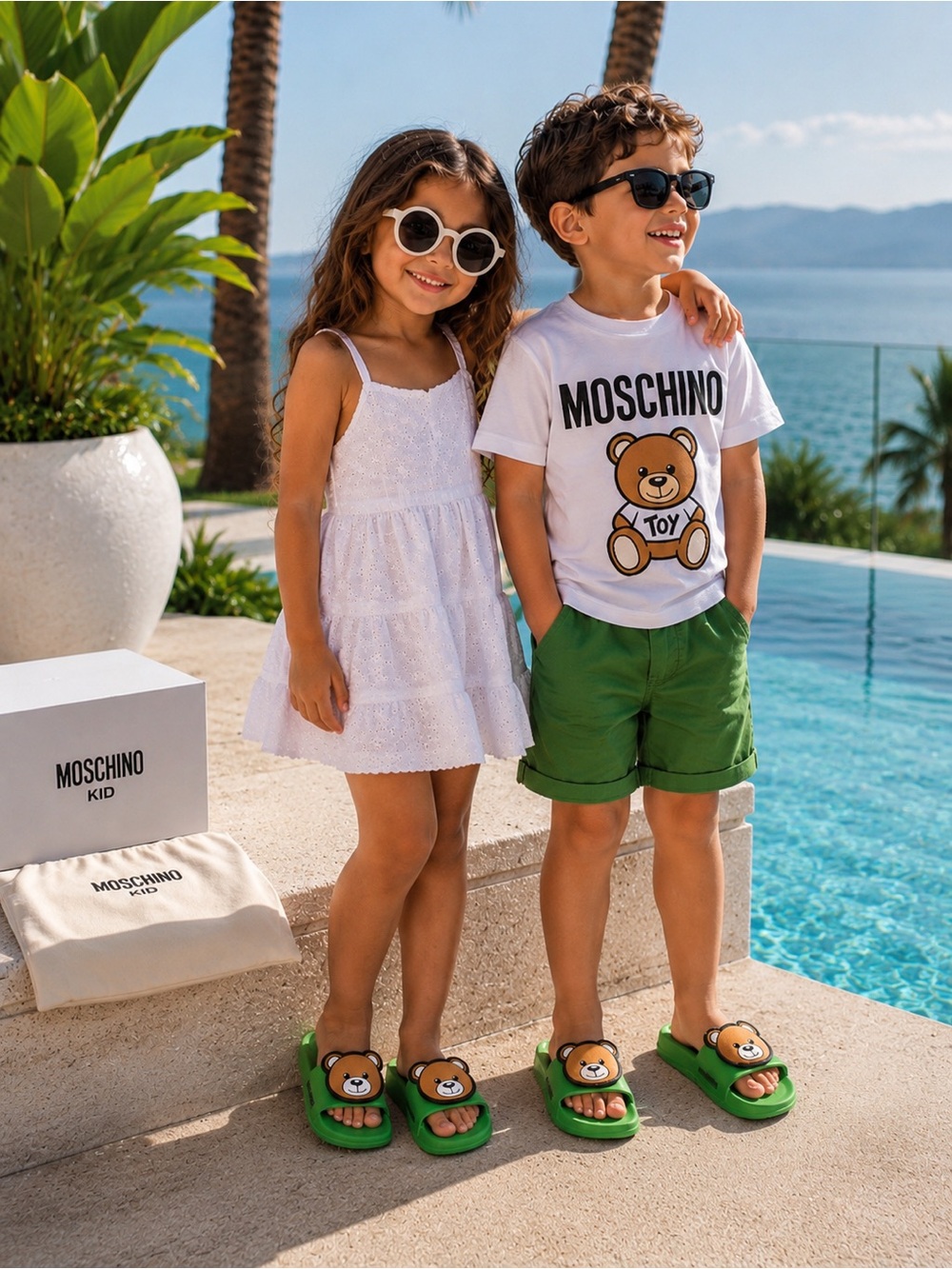 Moschino Kids Teddy Appliqué Slides Green Size: EU 33 / US Youth 2